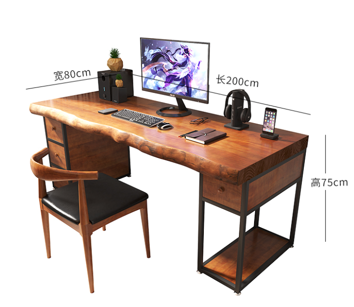 实木书桌家用双人台式电脑桌一字书柜书桌一体带抽屉办公桌写字台